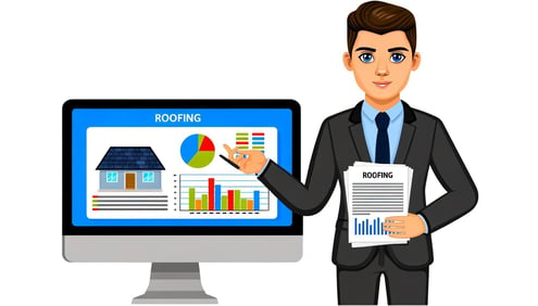 An image of a white man presenting financial statements and budgeting documents for a roofing business, with charts and graphs displayed on a computer