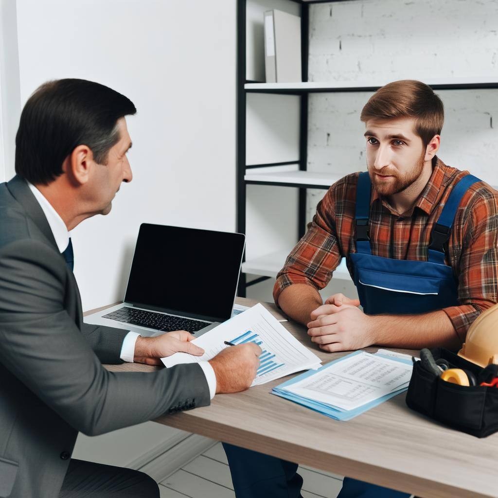 A white man finance professional helping a white man roofing contractor with their taxes